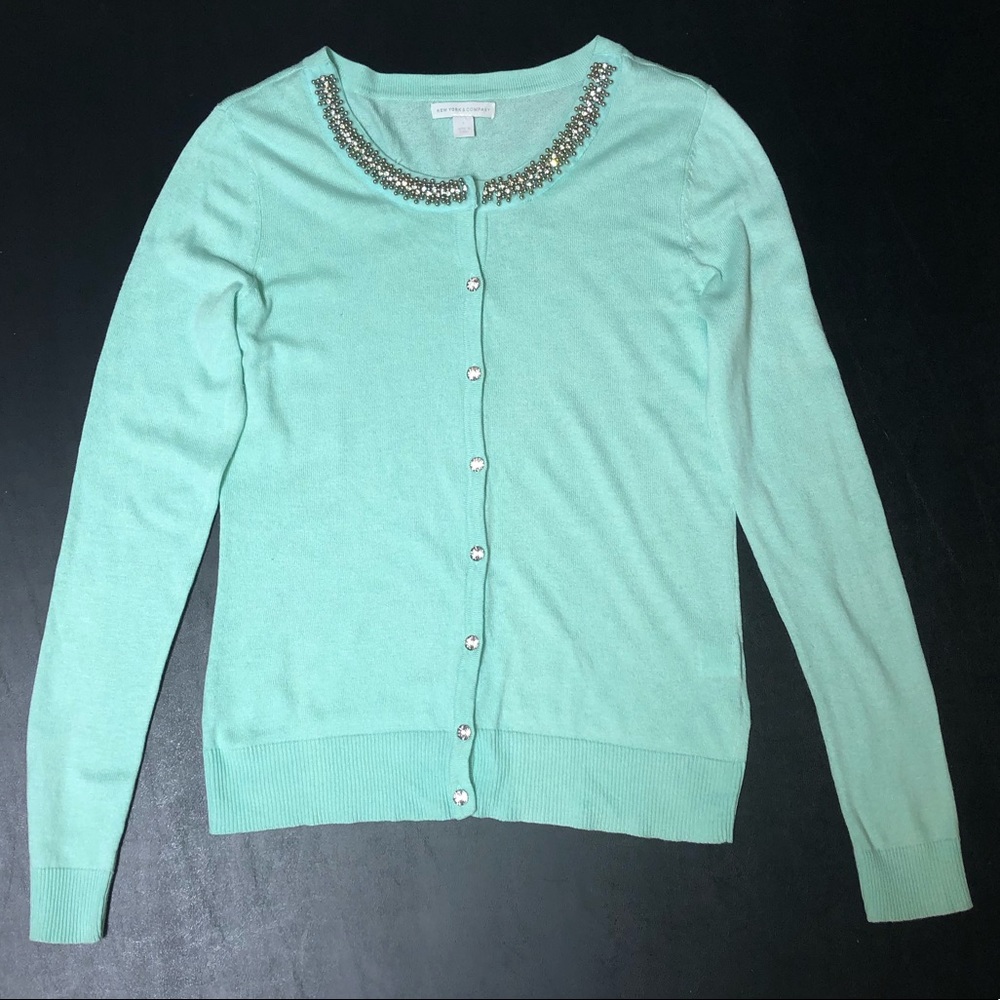 NY&C Tiffany color crystal button-front cardigan
